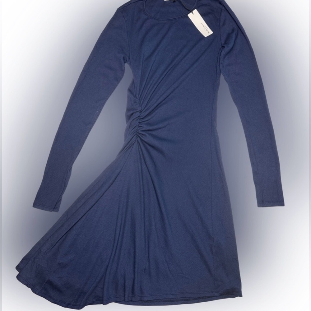 Michael Stars Fine Ribbed Knit Dress Ruched Gathered Waist Navy Blue Sz S NWT - Picture 4 of 4